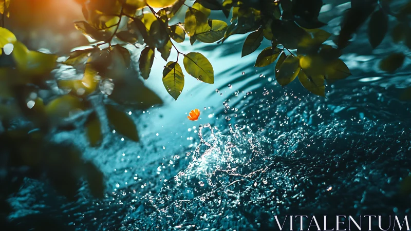 Orange petal suspended over rippling water surface.