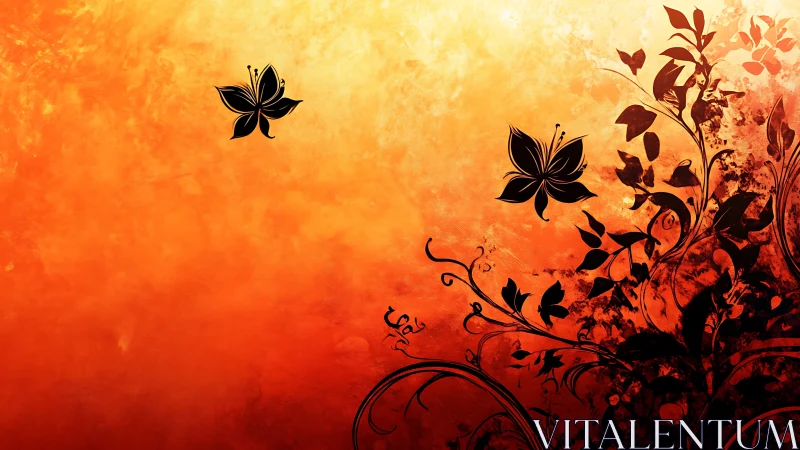 Floral silhouettes swirl against glowing orange sky backdrop.