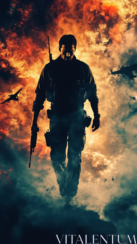 Armed soldier walking through fiery smoke and aircraft.
