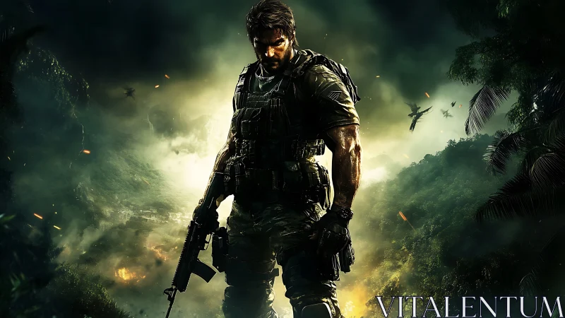 Battle-hardened soldier stands in a fiery jungle warzone