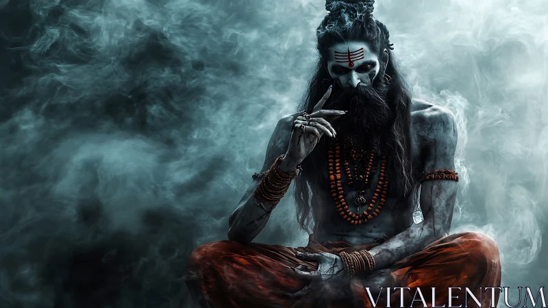 Ascetic mystic seated in swirling cyan smoke with vermilion accents.