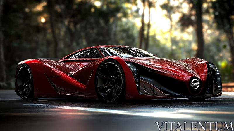 Red futuristic supercar parked on forest roadway at dusk.