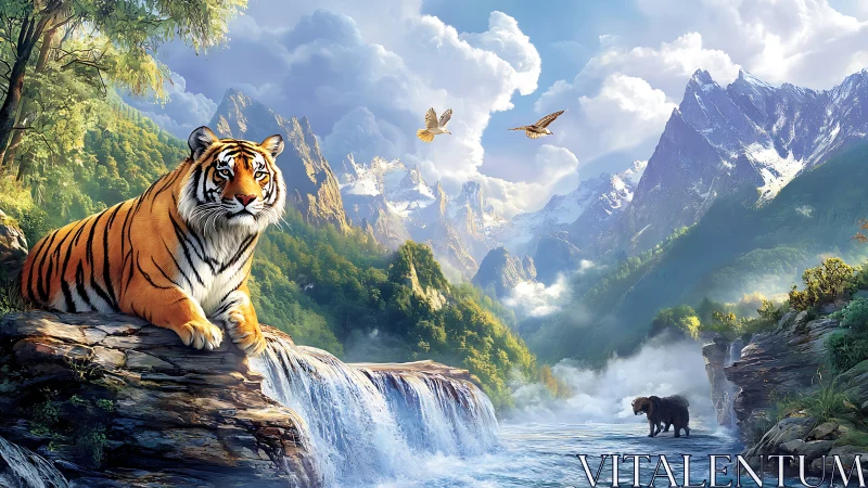 Majestic tiger surveys cascading river beneath soaring peaks