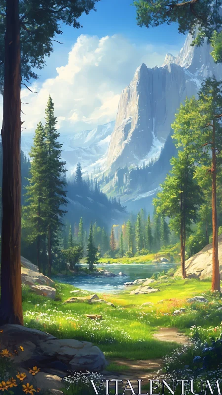 Sunlit mountain meadow beside a gentle winding river trail.