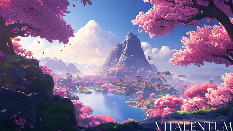 Vast cherry blossom valley encircles mountain lake in stylized dawn