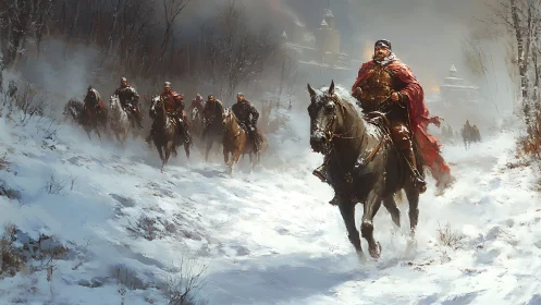 Armored horsemen ride through a snowy forest toward a castle