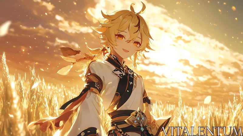 Golden-haired anime traveler walks through glowing wheat field