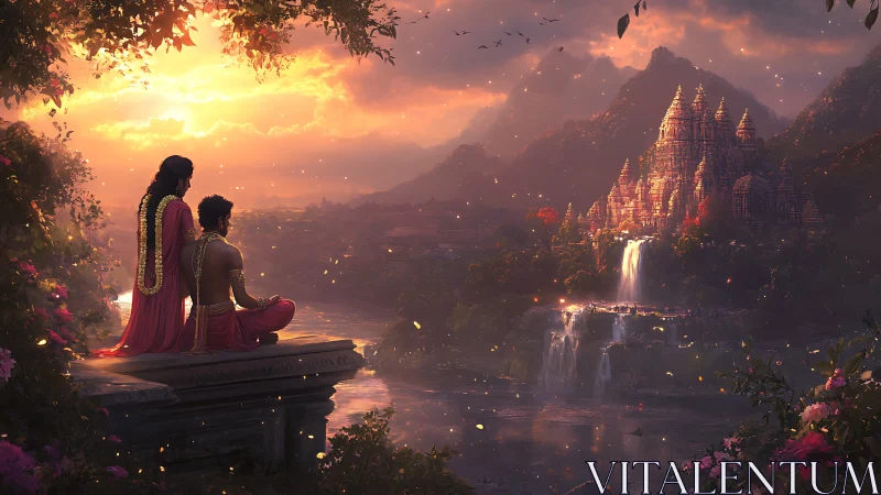 Two robed figures observe river valley and temple at sunset