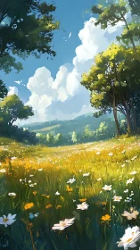 Sunlit wildflower meadow rendered with layered atmospheric perspective