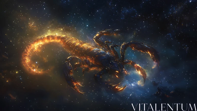 Celestial ember scorpion unfurls its burning tail in starlight.