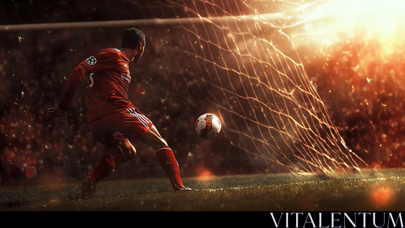 Soccer player strikes ball into net under intense stadium light