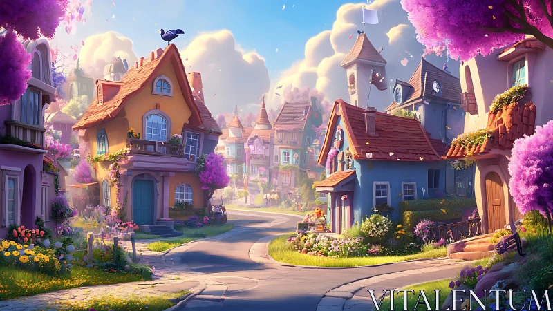 Curved village street shows colorful houses and dense flowers