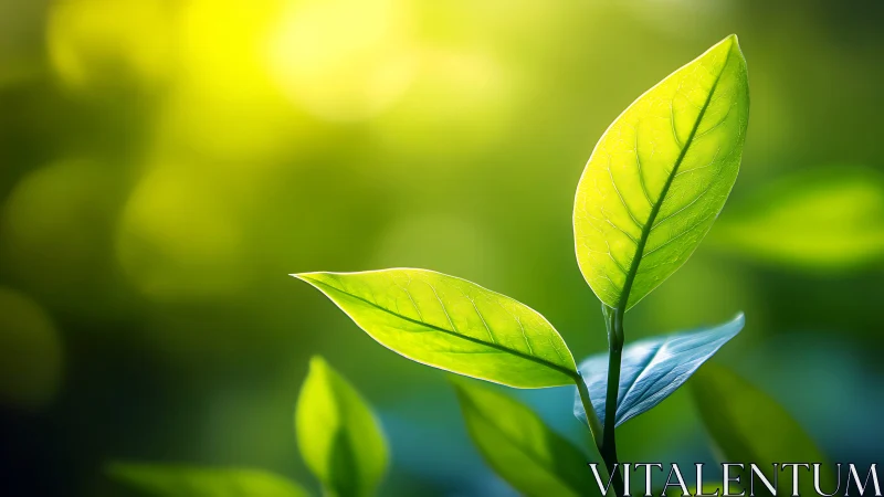 Young green leaves glow softly in warm morning sunlight