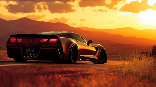 Sunset highway supercar poised against glowing hillsides.