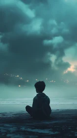Solitary child watches storm-lit sea under moody skies.