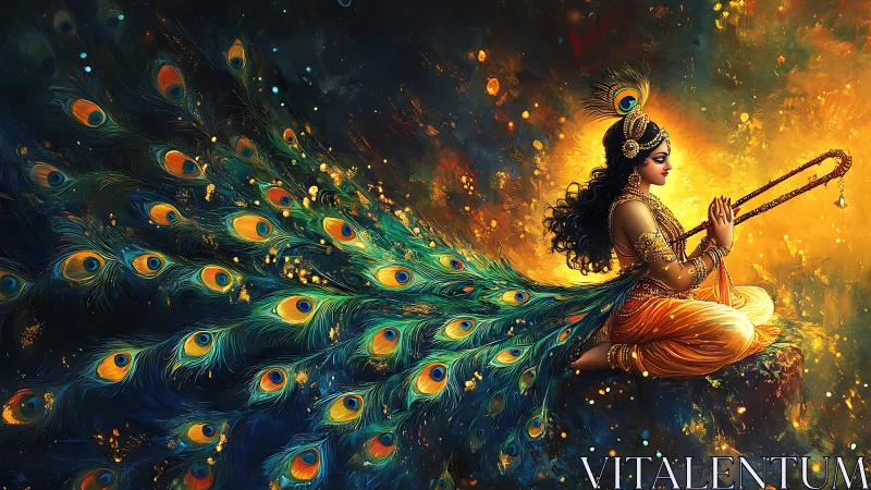 Digital painting of divine musician with radiant peacock plumage.