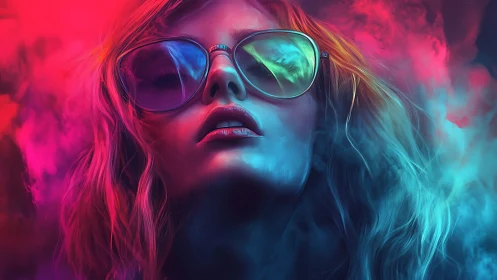 Neon dreamer in electric smoke and cinematic color storm.