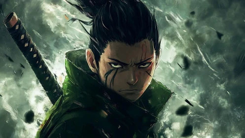 Determined anime swordsman in stormy green atmosphere.