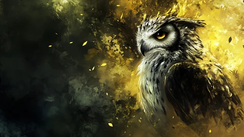 Majestic Owl in Abstract Golden Forest Digital Painting.