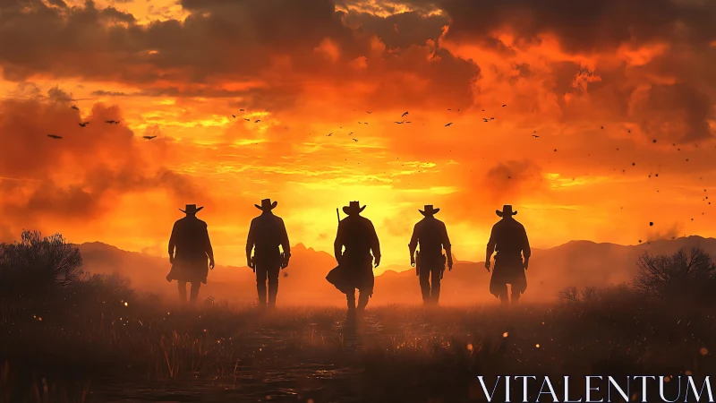 Silhouetted cowboys walk through dusty desert sunset.