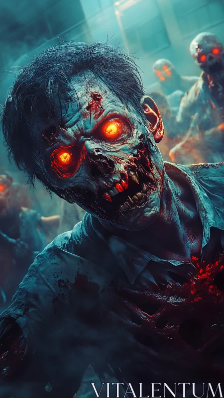 Neon-eyed zombie stalks through toxic city fog of dread.