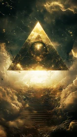 Golden cosmic pyramid ascends above luminous celestial clouds