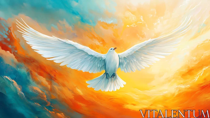 White dove with spread wings against vivid sky backdrop.