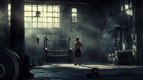 Backlit athlete confronts industrial squat rack in dusty gym