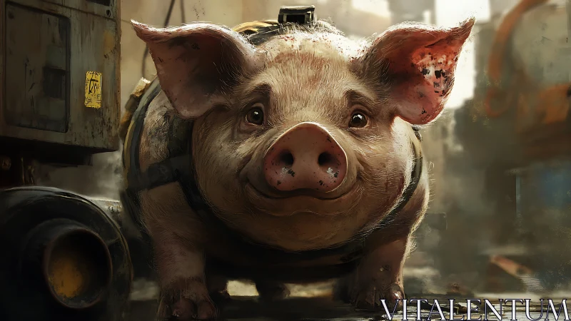 Cyberpunk pig portrait in gritty urban alleyway scene.