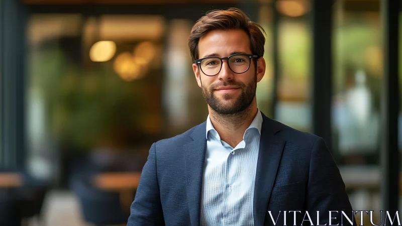 Man with glasses in business suit in modern outdoor setting.