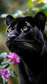 Black Panther Portrait: Golden Eyes Amid Purple Blooms.