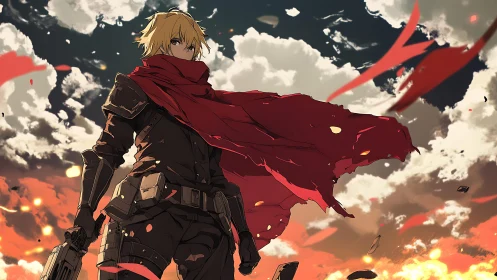 Scarlet-clad warrior amid blazing storm-swept skies.