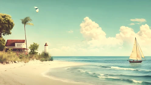 Sunny sailboat drifting past a cozy lighthouse shore.