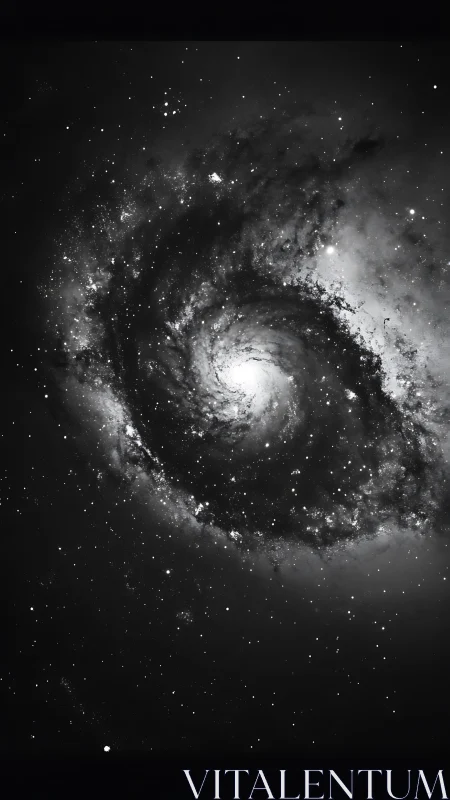 Monochrome spiral galaxy core amid dense star field.