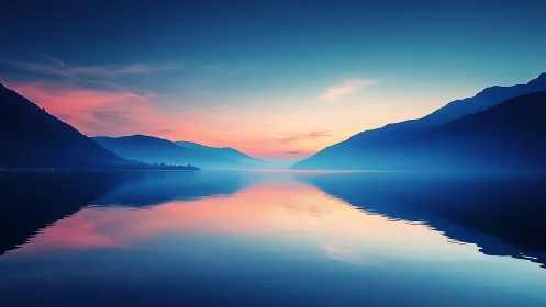 Symmetric alpine lake horizon with gradient dusk sky reflection