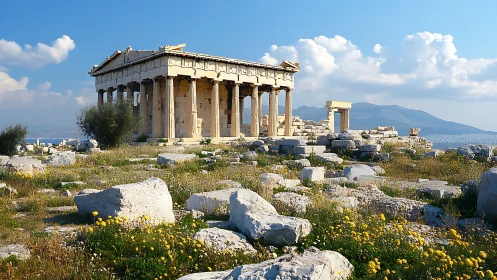 Sunlit Parthenon whispers through wildflowers and stone