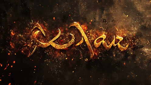 Gold calligraphic text with fiery particles on dark field.