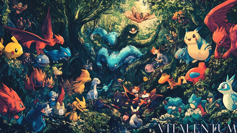Vibrant creature gathering enlivens a lush enchanted forest