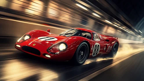 Red vintage race car powers through illuminated tunnel