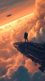 Sunset skywalker stands on a starship above glowing clouds