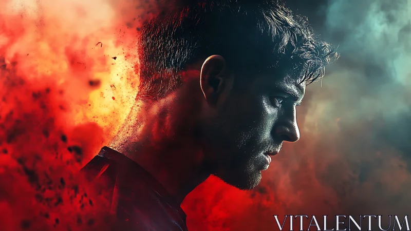 Moody male profile in red and teal cinematic smoke clouds.