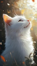 White Feline with Orange Auroral Ears Gazing Skyward in Golden Luminescence