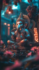Gentle Ganesha statue glows softly amid lanterns and flowers