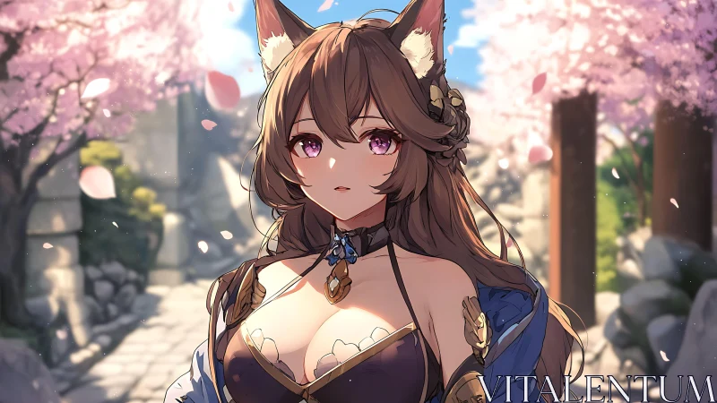 Gentle fox-eared girl pauses beneath drifting cherry petals