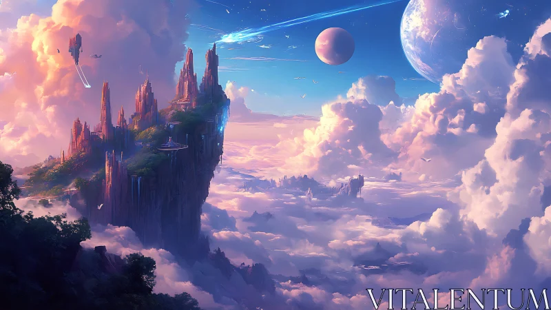 Floating cliff city in luminous interplanetary skyscape.