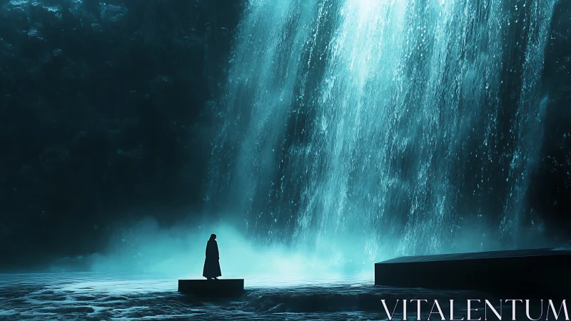 Solitary figure at a luminous blue waterfall&rsquo;s edge.