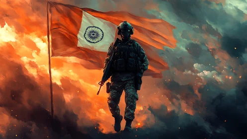 Indian soldier silhouette before blazing tricolor flag.