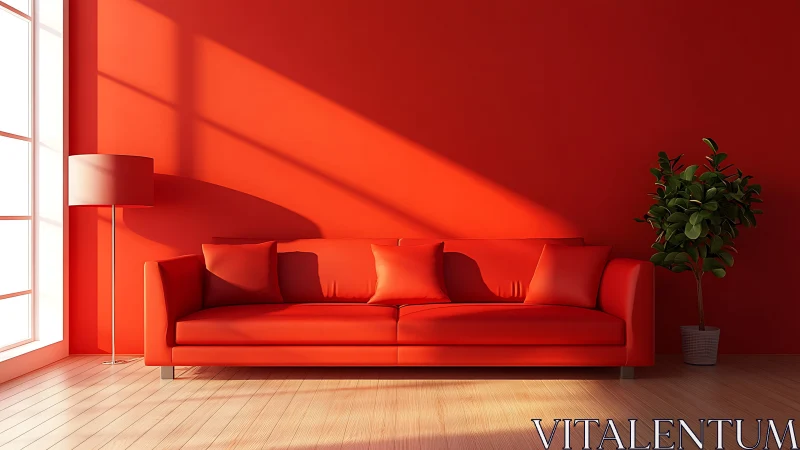 Red minimalist sofa interior with bold sunlight shadows.