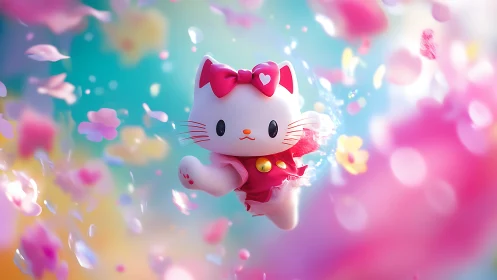 Depth-of-field stylized cat figurine amid dynamic pastel petals