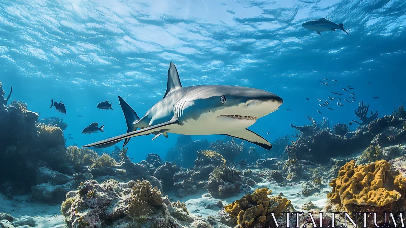 Shark swims over coral reef in clear shallow tropical water